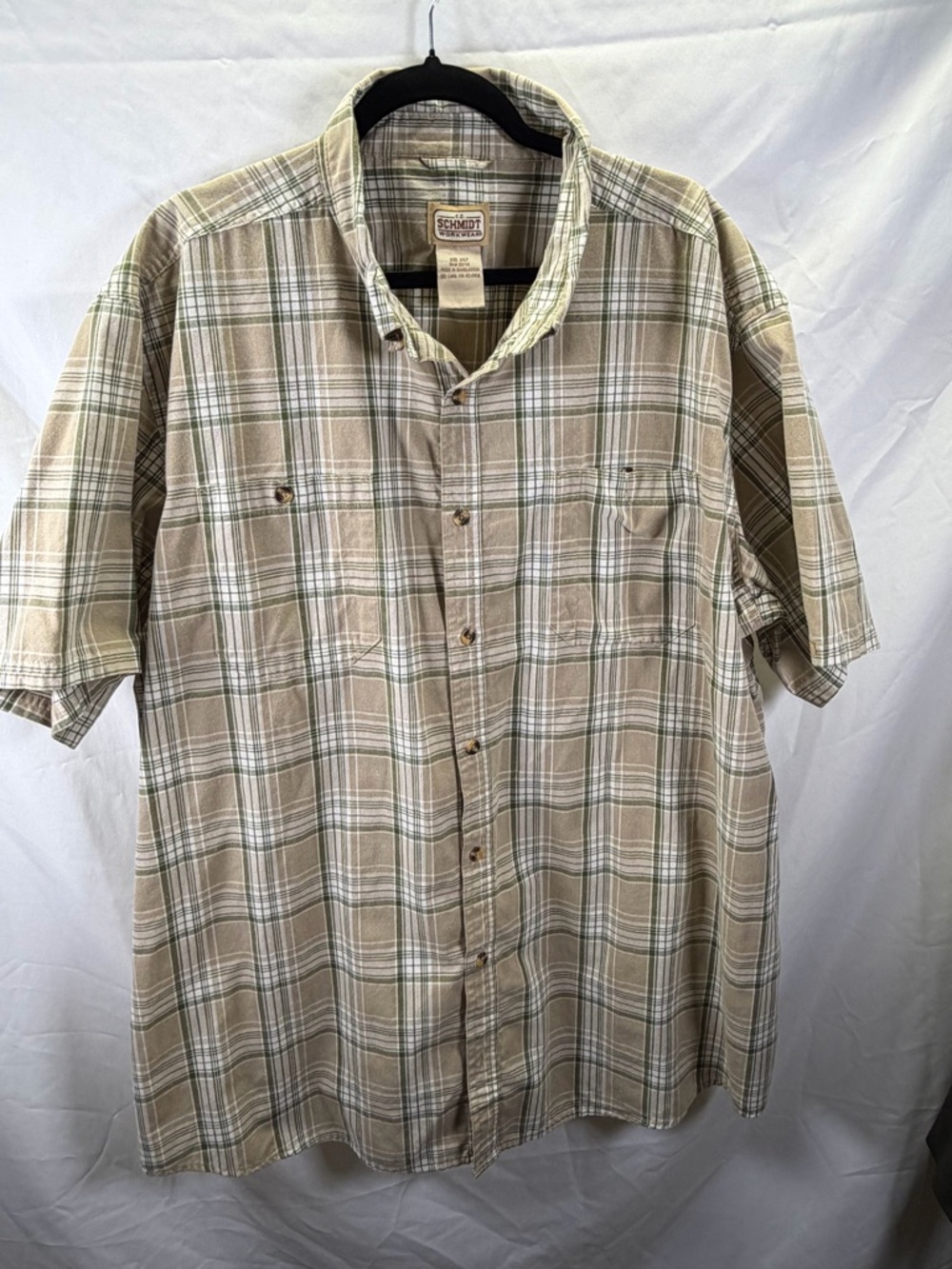 Schmidt Work Wear Short Sleeve Tan Plaid Button Up 2XLT. Great Condition.